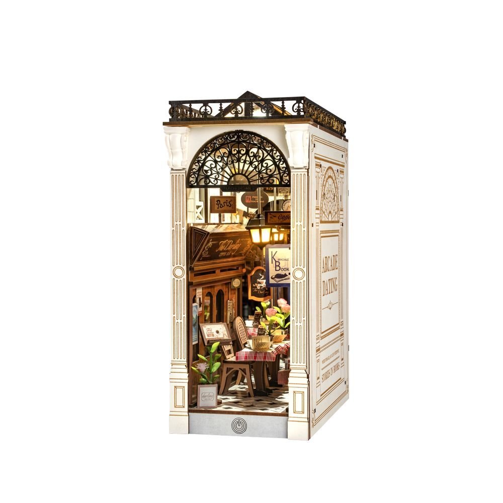 Maqueta sujetalibros Arcade Dating de Robotime con callejón parisino iluminado